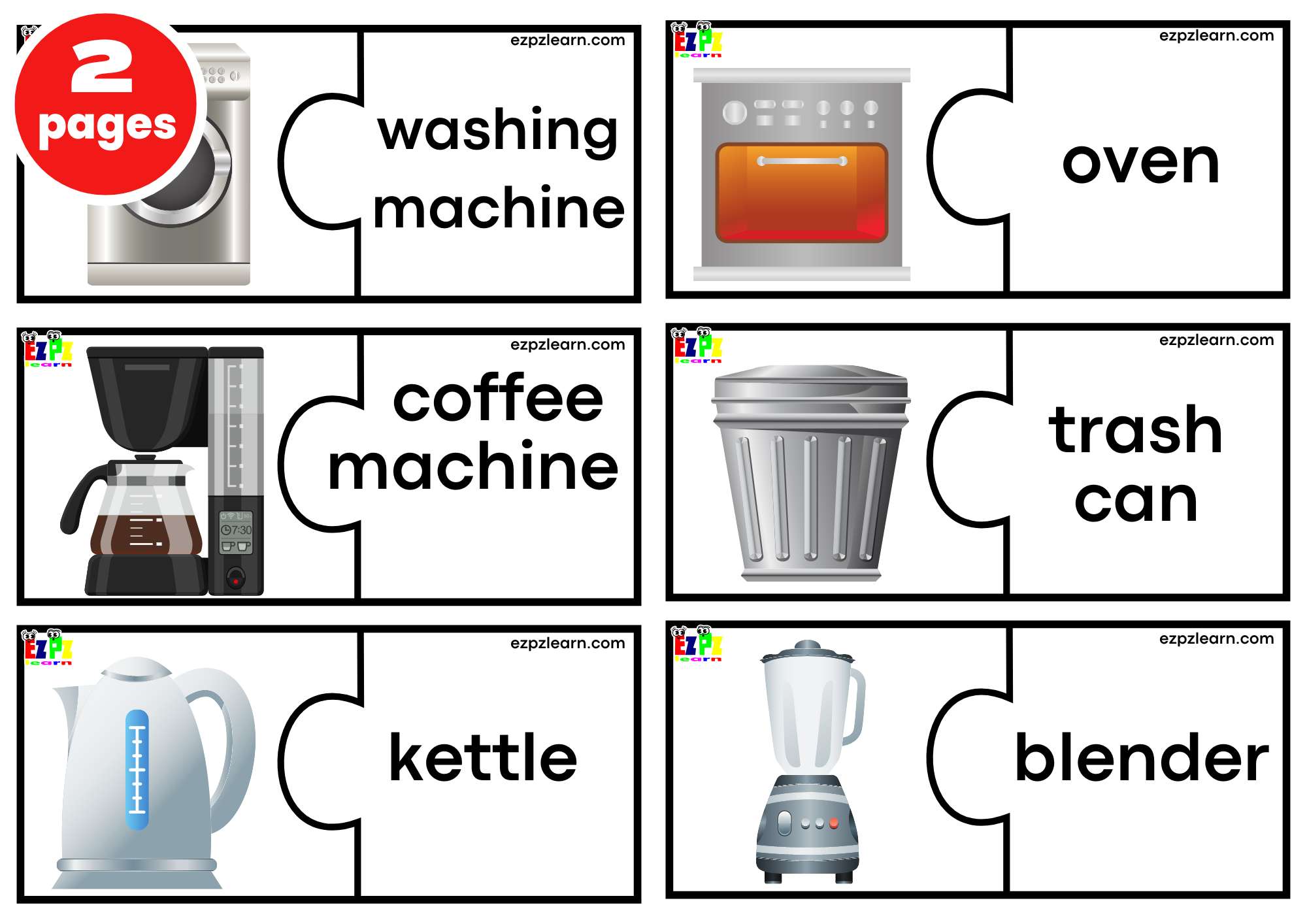 Kitchen Appliances Puzzle Match Game. Large Size 6 Words per page. Free PDF Download